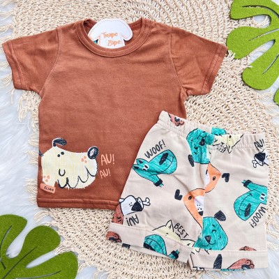  Conj. Camiseta AuAu e Bermuda Good Days Friends - Marrom